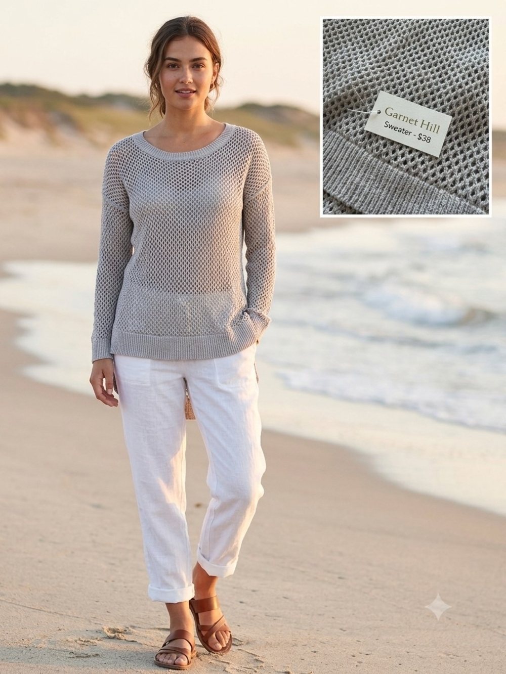 Garnet Hill Open Knit Sweater Women Medium Gray Cotton High-Low Hem Beach Summer